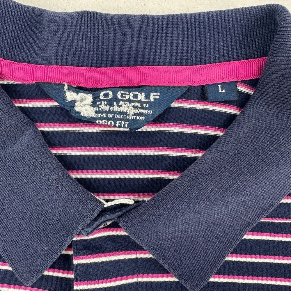 Ralph Lauren Men L Golf Polo Shirt Navy Pink White Stripe Pro Fit Short Sleeve